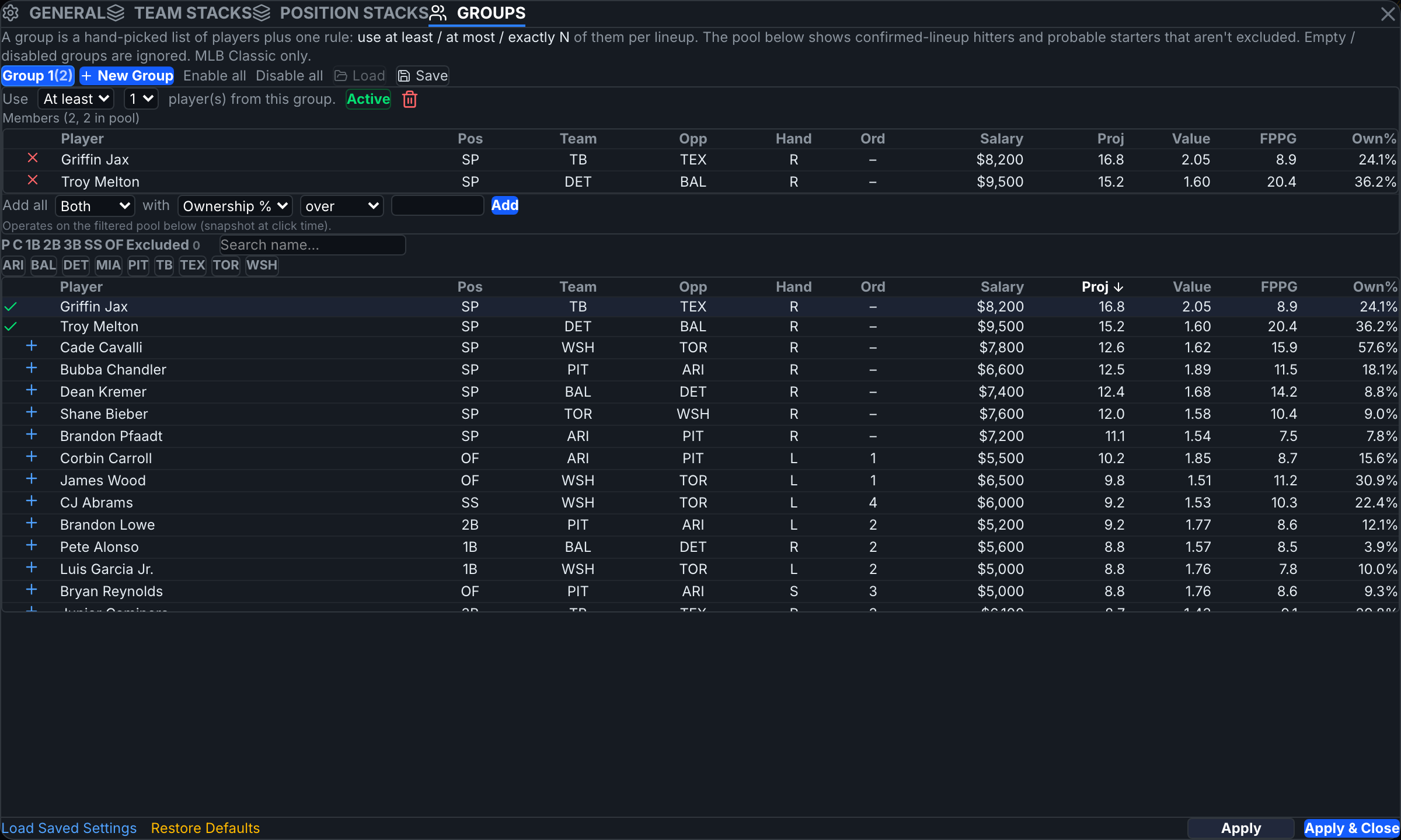 The group editor with members and the mini player pool
